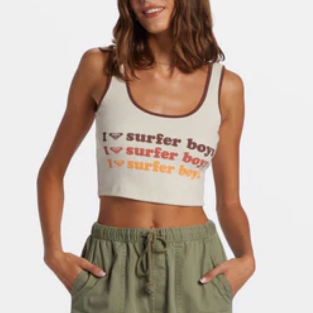 Roxy large women I Heart Surfers Dive In Crop tank Top in parchment (off-white)